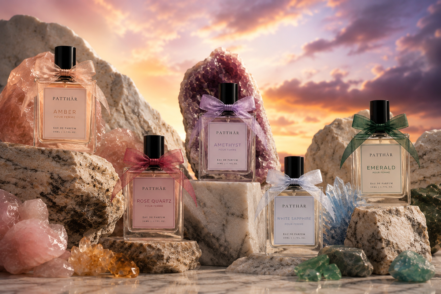 The full PATTHĀR collection with Amber, Amethyst, Rose Quartz, White Sapphire, and Emerald against jewel-toned stones and a sunset sky