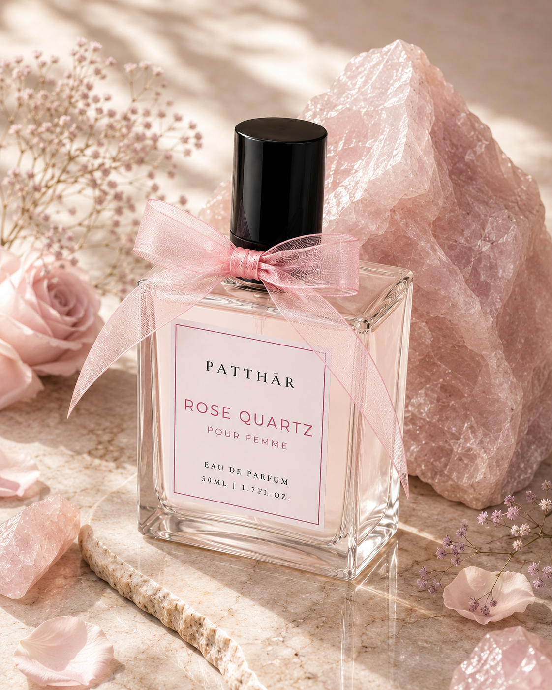 ROSE QUARTZ perfume bottle styled with its crystal